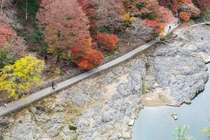 colorful leaves mountains and Katsura river in Arashiyama, landscape landmark and popular for tourists attractions in Kyoto, Japan. Fall Autumn season, Vacation,holiday and Sightseeing concept photo