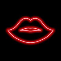 Red neon lips on a black background. The contour of the women's lips. Kiss vector