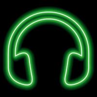 Green headphones. Neon outline on a black background. One object. Listen to music, play vector