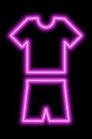 Pink neon outline of a T-shirt with shorts on a black background. Summer, sportswear. Illustration vector