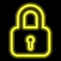 Neon yellow outline of padlock on a black background. The concept of privacy, security, preservation vector