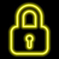 Neon yellow outline of padlock on a black background. The concept of privacy, security, preservation vector