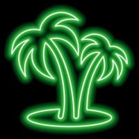 Green neon outline of two palm trees on the beach on a black background. Rest, travel, vacation. vector