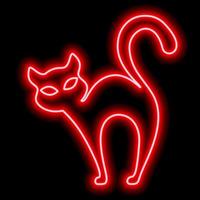 Neon red outline of a cat on a black background. Witch cat, halloween vector