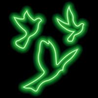 Green neon silhouettes of three birds flying in the sky on black. Freedom, flight, upward movement vector