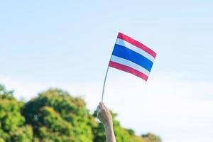 hand holding Thailand flag on nature background. Thai Nation Day and father day concepts photo