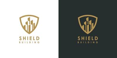 building and shield line style logo vector