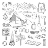 LARGE VECTOR COLLECTION OF ITEMS FOR CAMPING AND OUTDOOR ACTIVITIES ON A WHITE BACKGROUND