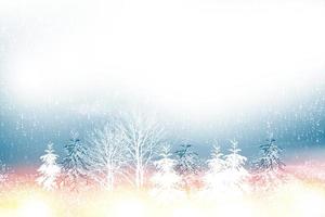 Greeting card. Frozen winter forest with snow covered trees. photo