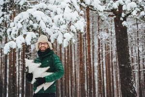 Portrait of handsome bearded male wears warm fur cap with ear flaps and green anorak, holds artificial fir tree, poses against high trees covered with snow, spends free time in winter forest photo