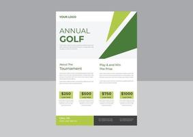 plantilla para su folleto de invitación de torneo de golf, vector de póster de golf. pelota de golf. diseño vertical para la promoción de bares deportivos. torneo, diseño de volante de campeonato. volante del club.