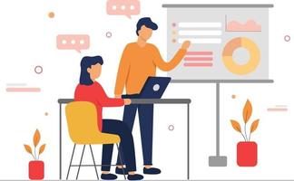 Office worker flat with meeting for work moment vector illustration. Man and woman worker flat vector.