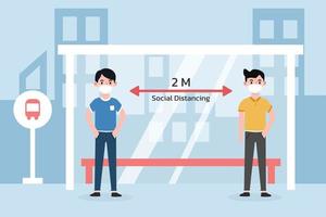 Social distancing. Space between people to avoid spreading COVID-19 Virus at bus stop. Keep the 2 meter distance waiting take a bus. vector