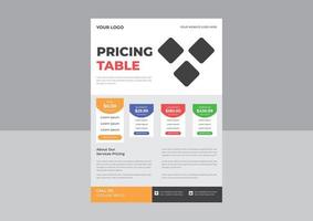 diseño de tabla de precios de aspecto moderno con volante de cuatro planes de suscripción, plantilla de gráfico de precios, volante de cuadrícula de precios del plan de negocios, plantilla de infografía .vector. vector