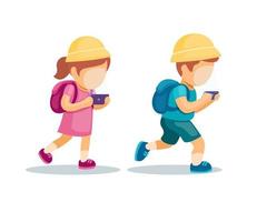 School children with smartphone addiction problem cartoons set illustration vector