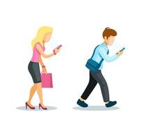 Man and Woman using smartphone. gadget addiction problem cartoon set illustration vector