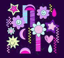 Set of cool groovy flower and star Y2k style, Nostalgia for the 2000 years. vector illustration.