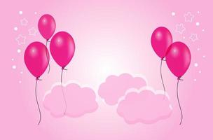Baby shower horizontal banner with  helium balloons and stars on pink background.  Vector 3 d illustration