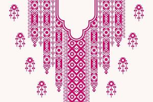 Two tone color ethnic geometric shape neck embroidery pattern design. Feminine tribal art fashion for shirts. vector