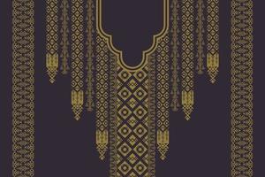 Luxury vintage gold color ethnic geometric shape neck embroidery pattern design with border on black background. Elegant tribal art fashion for shirts. vector