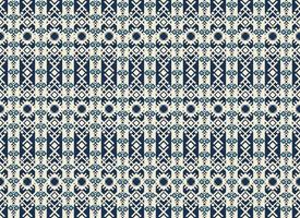 Ethnic embroidery blue color geometric shape seamless pattern on white cream background. Surface pattern design. Use for fabric, textile, interior decoration elements, upholstery, wrapping. vector