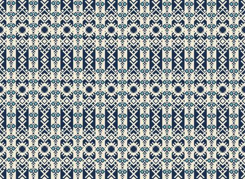 Ethnic embroidery blue color geometric shape seamless pattern on white cream background. Surface pattern design. Use for fabric, textile, interior decoration elements, upholstery, wrapping. vector