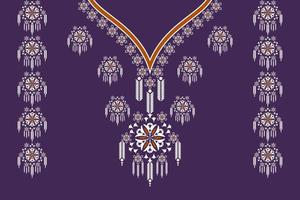 Ethnic neck embroidery V-shape geometric flower pattern design with uba on purple color background. Tribal art fashion for shirts. vector