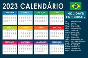 Vector de calendario 2023, versión brasileña con días festivos colorido oscuro