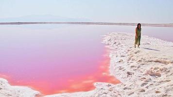 Kaukasische Frau touristischer Spaziergang am Ufer des Maharlu Pink Salt Lake. reiseziel iran in shiraz video