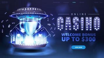 casino en línea, banner azul con botón, podio 3d, naipes de casino de neón, fichas de póquer y ganador de copa pf vector