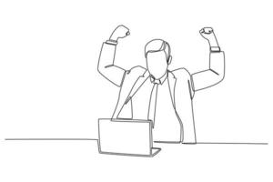 Continuous one line drawing happy businessman in front of laptop raising hands up at work place table. Business success concept. Single line draw design vector graphic illustration.