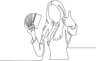 Continuous one line drawing Happy businesswoman holding a bunch of money in there right hand. Salary concept. Single line draw design vector graphic illustration.