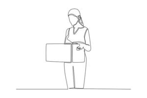 Continuous one line drawing businesswoman packing up personal belongings in the resign box.  Single line draw design vector graphic illustration.