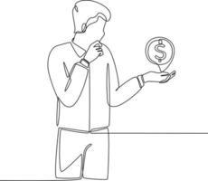 Continuous one line drawing dollar coin standing on the businessman hand. Single line draw design vector graphic illustration.