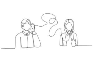 Continuous one line drawing business man and woman communicate with old technologies. Communication and Project management concept. Single line draw design vector graphic illustration.