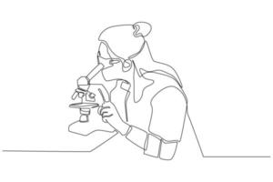 Simple continuous line drawing young woman seeing through microscope in science laboratory. Subjects concept in school and university. Continuous line draw design graphic vector illustration.