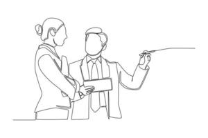 Single one line drawing manager is giving directions about her duties. Career success concept. Continuous line draw design graphic vector illustration.