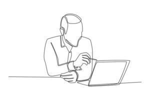 Single one line drawing Businessman with laptop computer working at office. Career success concept. Continuous line draw design graphic vector illustration.