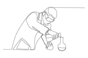 Continuous one line drawing scientific laboratory researcher performs tests with liquid in tube. Scientist concept. Single line draw design vector graphic illustration.