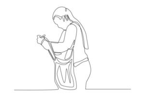 un dibujo de línea continua de una mujer revisando su bolsa de compras. concepto de centro comercial. ilustración gráfica vectorial de diseño de dibujo de una sola línea. vector