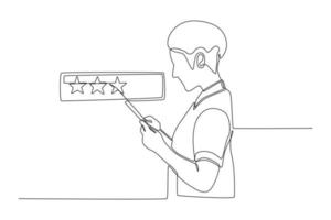 Continuous one line drawing young girl using smartphone with icon 3 star symbol to rating of company. Satisfaction customer concept. Single line draw design vector graphic illustration.