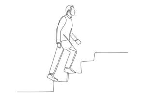Continuous one line drawing man climbing up stairs to reach his goal on the top. Single line draw design vector graphic illustration.