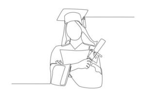 Continuous one line drawing female student wearing a gown and a hat holding a certificate graduating from high school college. Education concept. Single line draw design vector graphic illustration.