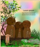 una estatua de piedra zen y una estatua de jizo bodhisattva. la estatua tradicional japonesa jizo es el guardián de los niños y los viajeros en un conjunto de símbolos de carácter budista ilustración vectorial vector