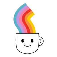 Cute kawaii cup with a rainbow. Cartoon mug with face. Vector illustration.