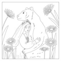 Coloring page with Russian woman in traditional folk costume. Cartoon girl in the Russian national costume and headdress - Kokoshnik. Hand drawn bear and daisy flowers. Vector illustration