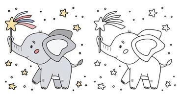 Coloring page for preschool children. Cute cartoon kawaii elephant with magic wand and stars. Educational game for kids. Black and white outline vector illustration.