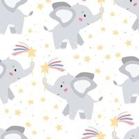 Childish seamless pattern with cute cartoon elephants and magic wand. Wallpaper for nursery. Kawaii character. Vector illustration.