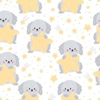 Childish seamless pattern with cute cartoon grey dog and yellow stars on white background. Vector characters. Ideal for textile, wallpaper and print.