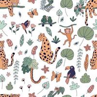 Seamless pattern with cute jungle animals. Rainforest exotic plants and flowers. Doodle cartoon leopards, monkey, toucan, parrots, chameleon, hummingbird and snake on white background. vector